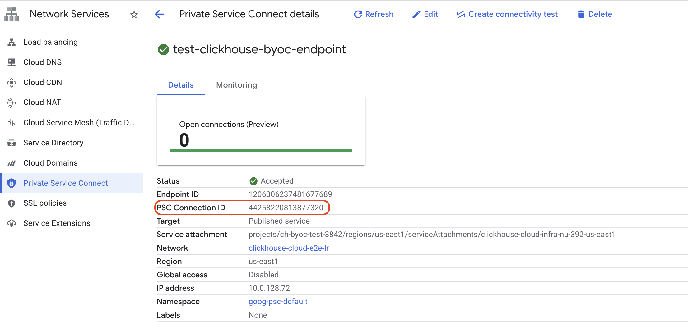 BYOC PSC endpoint detail