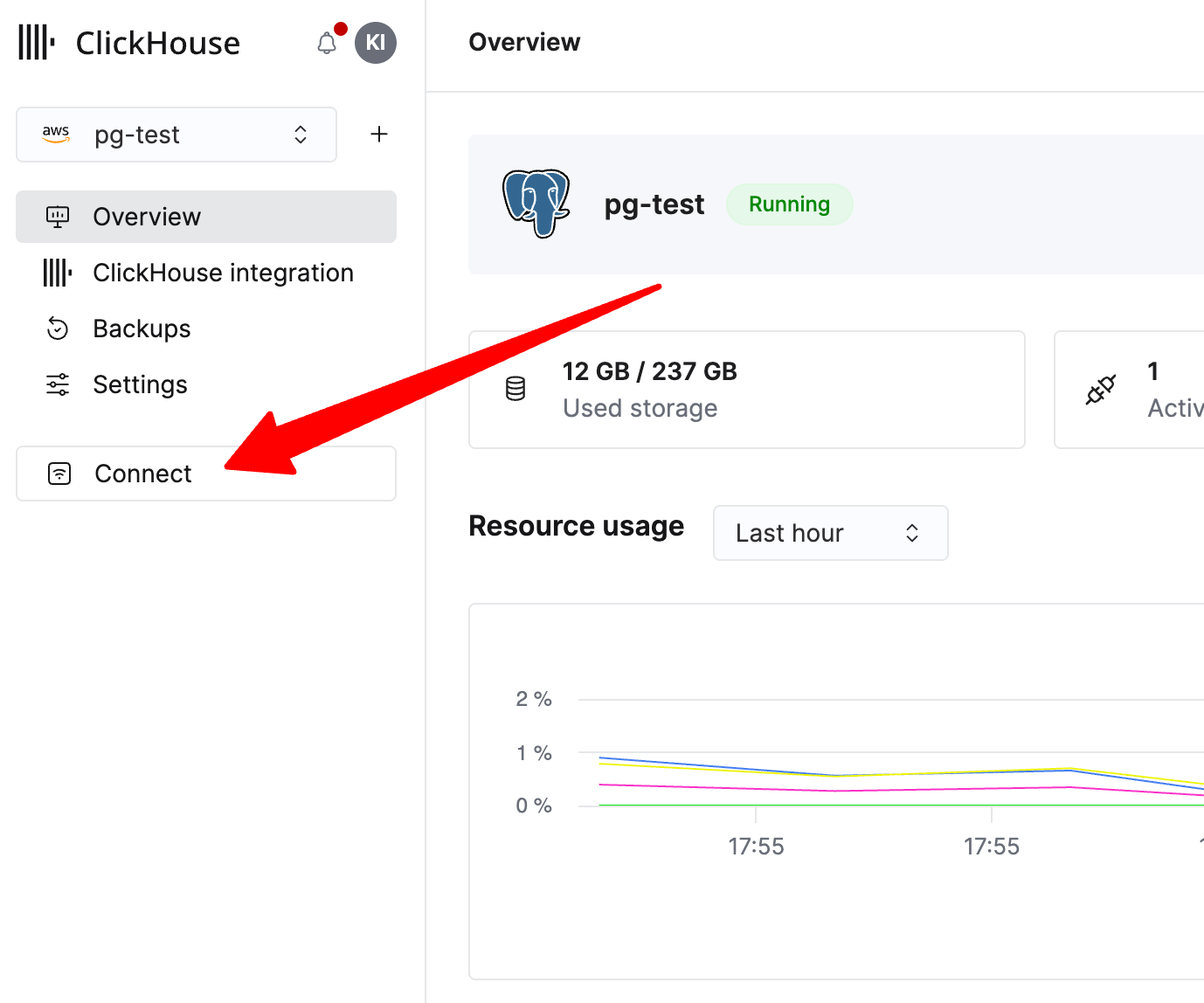 Нажмите Connect в левой боковой панели, чтобы просмотреть параметры подключения