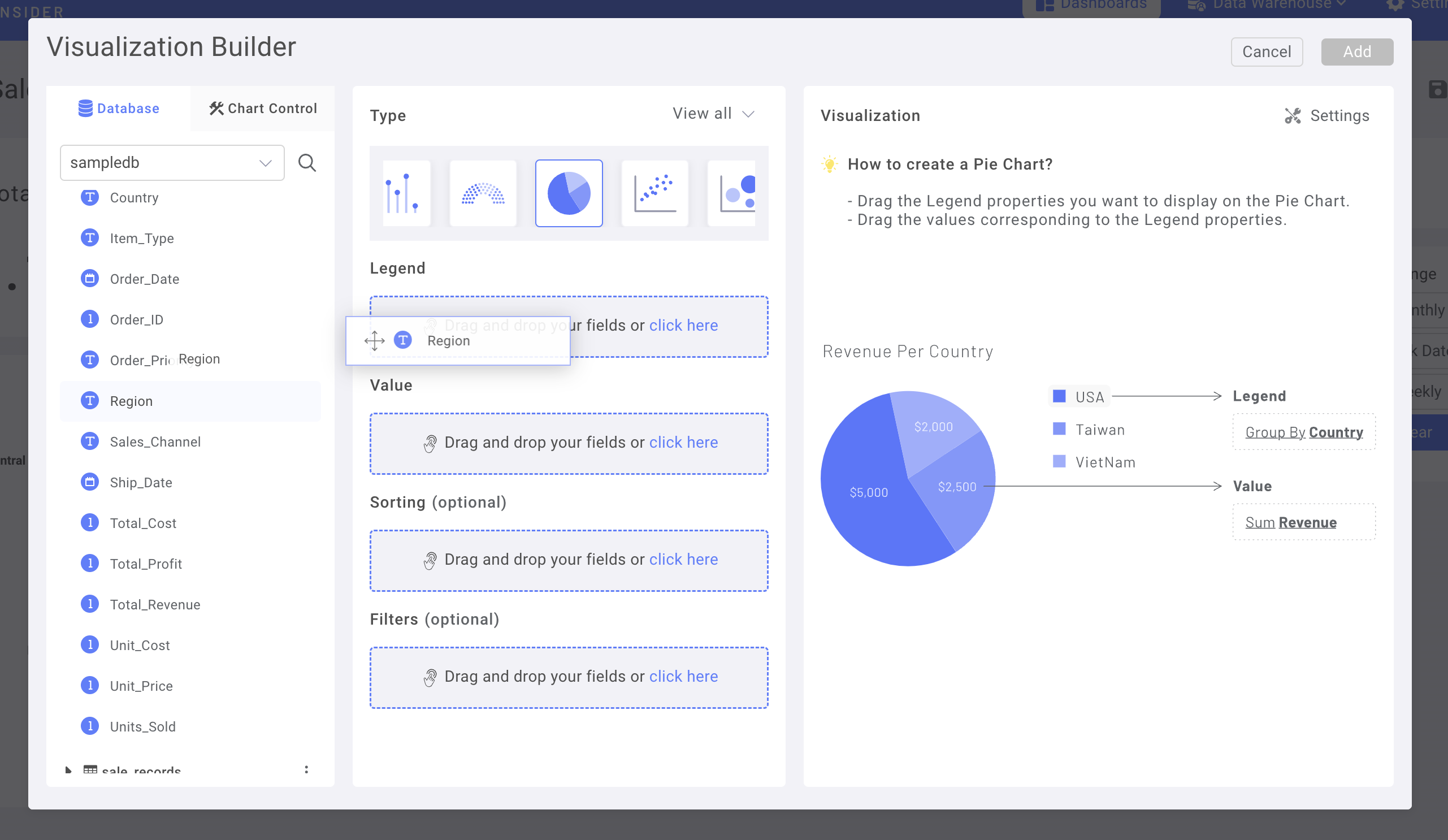 Интерфейс перетаскивания, показывающий, как столбец Region добавляется в поле легенды